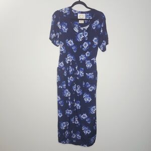 Vintage Erika 90s‎ Blue Floral Midi Dress Tieback Cottagecore Rayon M